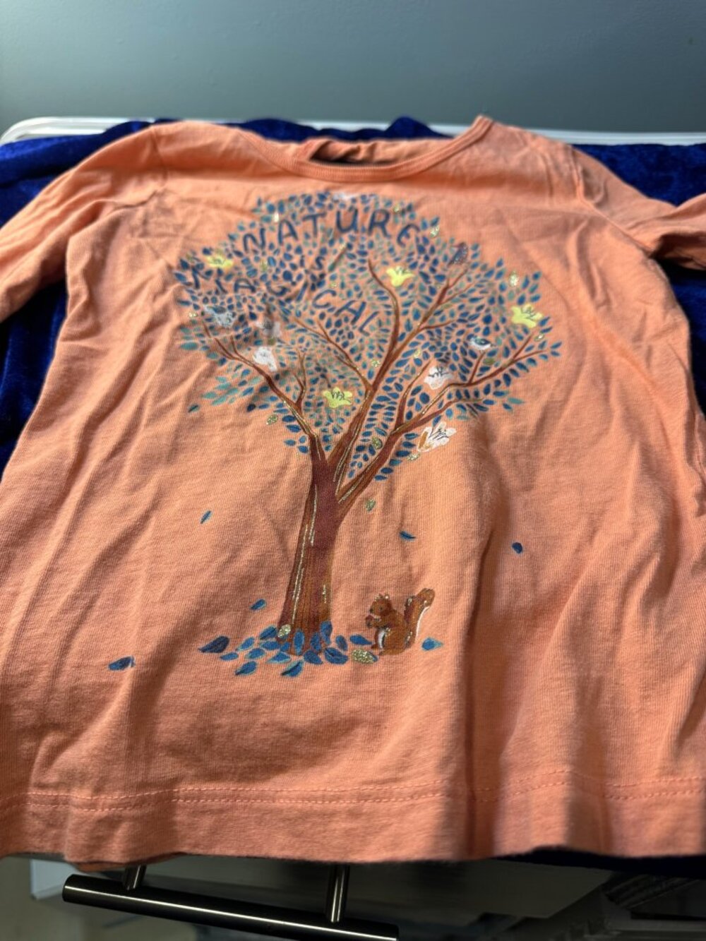 Girls Multi Color Tree-Squirrel Long Sleeve Button Back T-Shirt